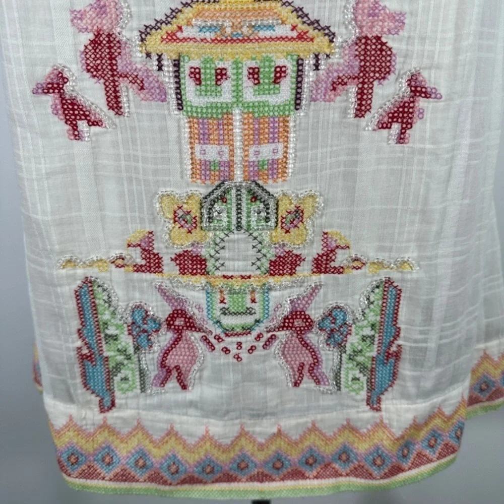 Y2K Da-Nang White Boho Sleeveless Cotton Embroidery Beaded Shift Dress Size S - Picture 5 of 15